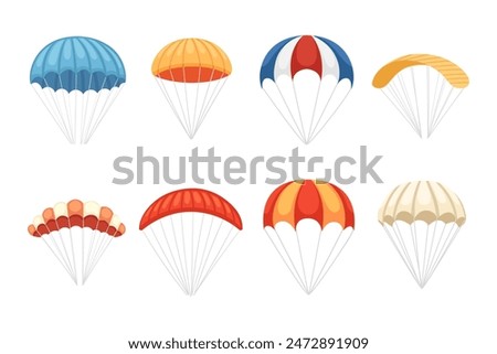 Set of simple colorful cartoon parachute vector illustration isolated on white background