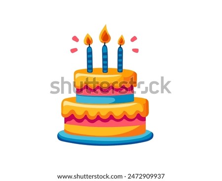 Double layer birthday cake with three burning candle vector illustration isolated on white background