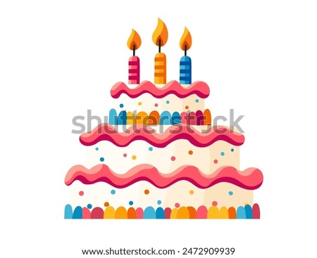 Triple layer birthday cake with three burning candle vector illustration isolated on white background