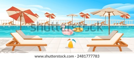 Hotel swimming pool or resort outdoor with wooden lounge and umbrellas. Inflatable circle and flamingo in water. Clear blue sky on background vector illustration