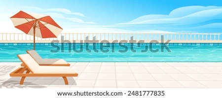 Hotel swimming pool or resort outdoor with wooden lounge and umbrella. Clear blue sky on background vector illustration