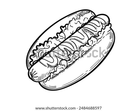 Hand drawn hot dog sketch with sausage and sauce vector illustration isolated on white background