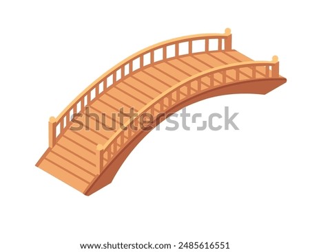 Arched wooden bridge with railings. Smooth, curved design bridge constructed from light brown wood planks. Isometric style vector illustration isolated on white background