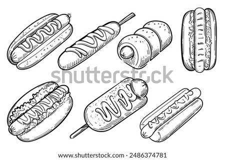 Set of hand-drawn hot dogs in various styles, monochrome sketch vector illustration isolated on white background