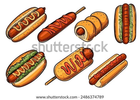 Set of hand-drawn hot dogs in various styles, colorful sketch vector illustration isolated on white background