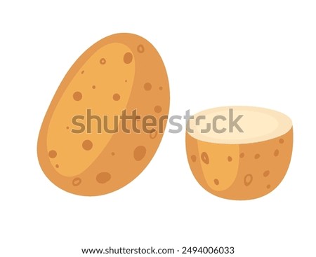 Whole and halved potato. Ripe food crop, natural organic vegetables. Potatoes tubers set. Flat vector illustration isolated on white background.