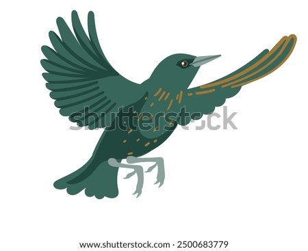 Cute starling bird taking off and flying. Cartoon animal design, stylized bird with dark green feathers and light spots. Vector illustration isolated on white background.