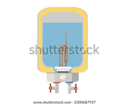 Cross-sectional diagram of a water heater with internal components: heating elements, insulation layer, thermometer, and connection fittings. Modern water tank with heating pipe. Vector illustration.