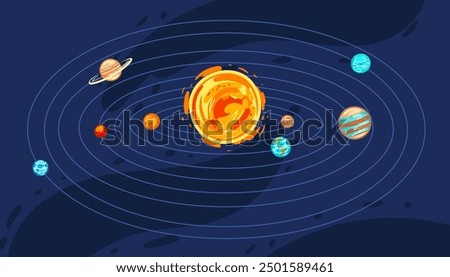 Solar system diagram with orbits and labeled planets. Perfect for science presentations, educational content, and space-themed visuals. Vector illustration.