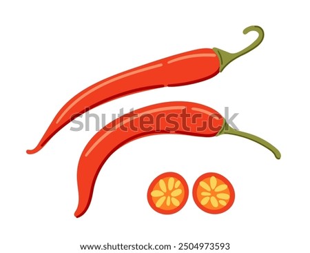 Set of whole and slice of red chili pepper. Spicy red vegetable, hot peppers. Vector illustration isolated on white background