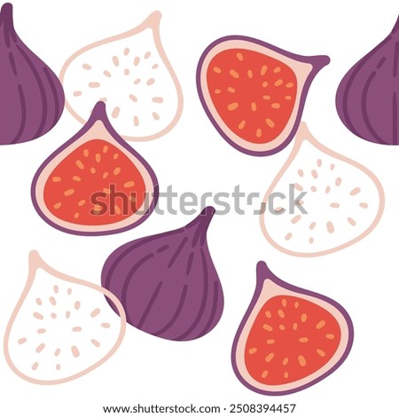 Seamless pattern Two fresh figs, one whole and one halved ripe fruit in purple skin. Healthy vitamin tropical food piece. Organic exotic eating. Flat vector illustration on white background