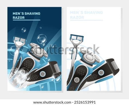 Advertising design for men's shaving razors with modern electric razors featured in a clean blue and white layout. Ideal for promotional materials for grooming products. Vector illustration.