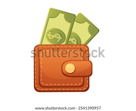 Leather wallet filled with dollar bills, representing budgeting, saving, and personal finance. Great for financial, shopping, and lifestyle themes. Vector illustration isolated on white.