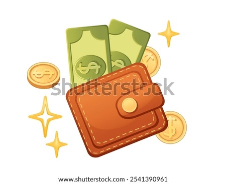 Leather wallet filled with dollar bills and surrounded by coins and sparkles, symbolizing wealth, spending, and budgeting. Perfect for financial, banking, and lifestyle visuals. Vector illustration.