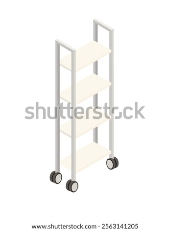 Tall, mobile shelf unit with multiple tiers and wheels. Minimalist design for hospitals, clinics, or medical storage purposes. Vector illustration isolated on white background.