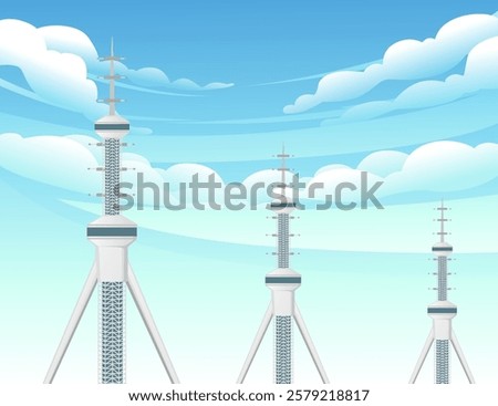 Three lofty white transmission towers bristling with antennas. Communication masts for signal transmission. High-standing broadcast structures. Antenna-equipped pylons. Vector illustration