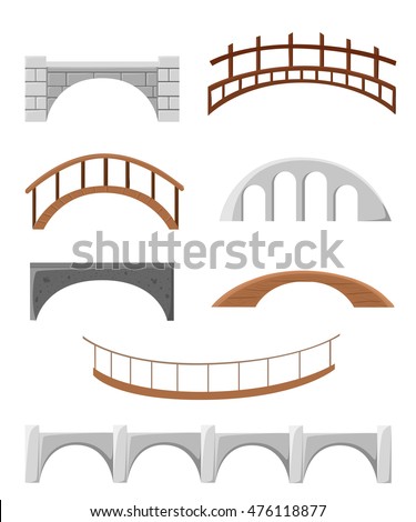 Different bridges isolated on white silhouette vector illustration. Bridges objects for games  background stone tree