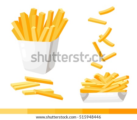 French fries. Vector illustration, flat design. French fries in paper box, isolated vector set of fast food icons potato