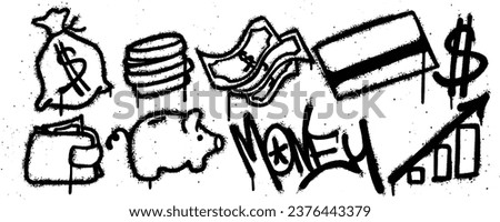 Set money graffiti spray paint. Collection of money bag, coin, money, card, dollar, wallet, piggy bank Isolated Vector