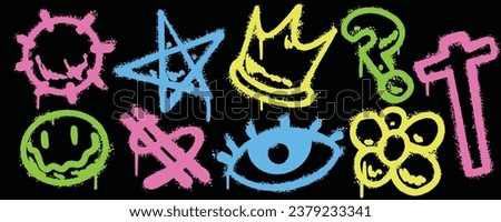 Set graffiti color spray paint. Collection of sun, star, crown, mark question, cross, flower, eye, dollar, confounded face emoticon Isolated Vector