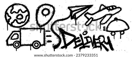 Set delivery graffiti spray paint. Collection of globe, gps, paper line, aircraft, truck Isolated Vector