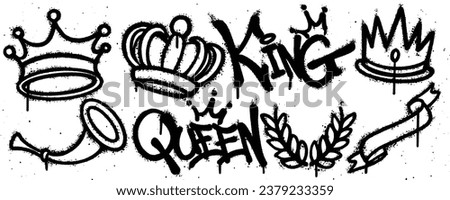 Set king, queen graffiti spray paint. Collection of crown Isolated Vector