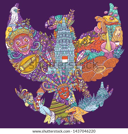 colorful illustration doodle of indonesia with garuda pancasila shape