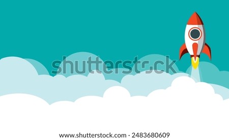 Web page launch poster with a rocket launching illustration. this is a vector artwork