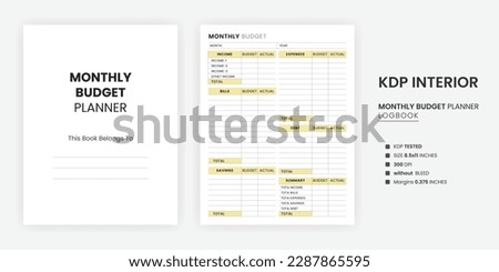 KDP Interior Monthly Budget Planner, A Billings Two Page in Us Letter Size on a White Background and the Monthly Budget worksheet page with the Kindle Direct Publishing Interior Template