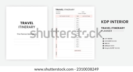 Editable Daily Travel Itinerary Planner Logbook Printable KDP Interiors Template. A belongs to page Us letter size on a white background Travel Planner page with the Kindle Direct Publishing.