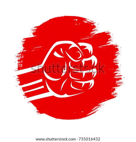 Clenched fist vector illustration on red brush stroke circle hand drawn paint japan flag grunge style. Mixed martial arts, karate fighting, boxing, judo, sumo wrestling.