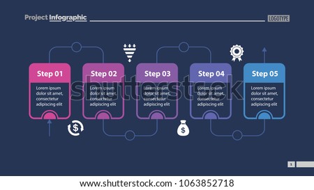 Five steps process chart slide template. Business data. Flow, diagram, design. Creative concept for infographic, presentation. Can be used for topics like management, workflow, teamwork.