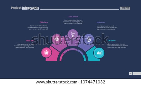 Process chart with five elements. Step diagram, pie chart, layout. Creative concept for infographics, presentation, project, report. Can be used for topics like management, strategy, planning.