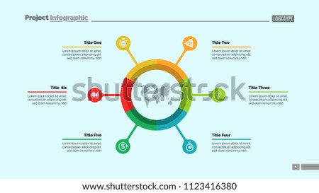 Pie chart with six elements. Infographic circle, option diagram, layout. Creative concept for infographics, presentation, project, report. Can be used for topics like business, marketing, finance.