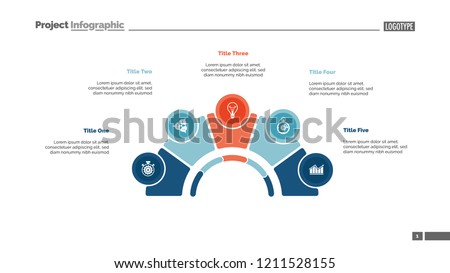 Process chart with five elements. Step diagram, pie chart, layout. Creative concept for infographics, presentation, project, report. Can be used for topics like management, strategy, planning.