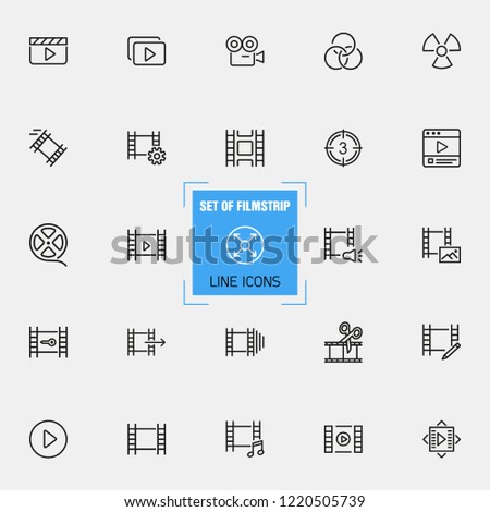 Filmstrip icons. Set of line icons. Film reel, editing, multimedia. Filming concept. Vector illustration can be used for topics like video content, cinema, movie.