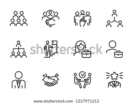 Career promotion line icon set. Candidate, selection, interview. Human resource concept. Can be used for topics like employment, corporate hierarchy, recruitment