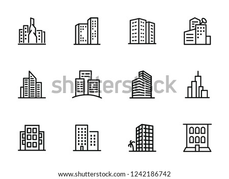 Cityscape line icon set. Set of line icons on white background. Architecture concept. Building, skyscraper, architecture. Vector illustration can be used for topics like apartment, estate, downtown