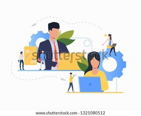 Communication flat icon. Department leaders, laptop, presentation, gear. Teamwork concept. Can be used for topics like leadership, unit, business, analysis