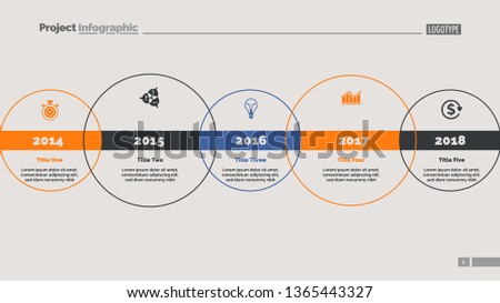 Five circle timeline and size diagram. Chart, slide, template. Creative concept for infographics, presentation, project, report. Can be used for topics like business, strategy, development