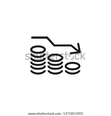 Money reduction line icon. Stacks of coins, cash, graph, arrow down. Investment concept. Vector illustration can be used for financial loss, debt, recession