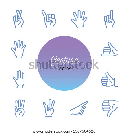 Gesture icon. Set of line icons on white background. Thumb up, open palm, direction. Hand sign concept. Vector illustration can be used for topics like communication, finger language, symbols