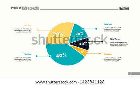 Five sectors pie chart slide template. Business data. Review, assessment, design. Creative concept for infographic, presentation, report. For topics like research, finance, analysis.