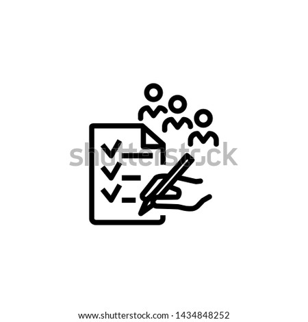 People survey line icon. Hand with pen, checklist, queue of people. Survey concept. Vector illustration can be used for topics like questionnaire, report, interview