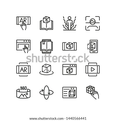 Augment reality line icon set. Holographic human, face id, book reader. Modern technology concept. Can be used for topics like 3d technology, simulation, virtual reality