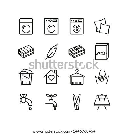 Laundry line icons. Set of line icons. Breathing fabric, hand washing, two pillows. Laundry concept. Vector illustration can be used for topics like washing up, laundry