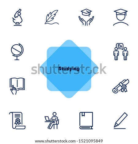 Studying line icon set. Microscope, graduation hat, book, diploma. Education concept. Can be used for topics like school, college, university, learning