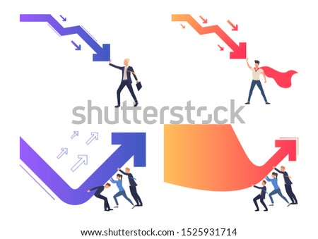 Crisis management illustration set. People stopping decrease chart arrow, turning recession graph up. Business concept. Vector illustration for posters, presentations, landing pages