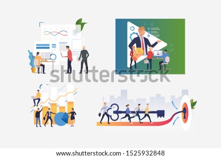 Business team working together illustration set. Business men and women studying graphs, discussing new ideas, inserting key to lock. Business concept. Vector illustration for posters, landing pages