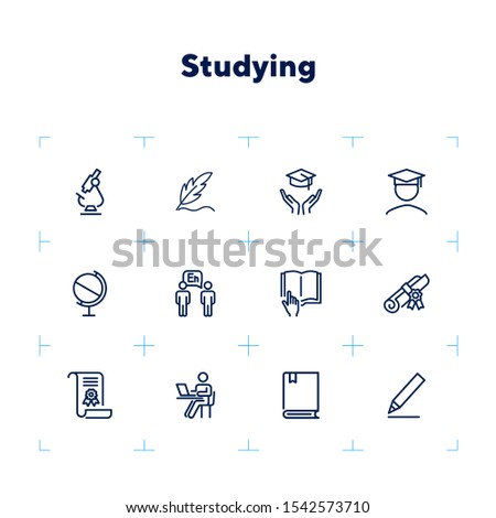 Studying line icon set. Microscope, graduation hat, book, diploma. Education concept. Can be used for topics like school, college, university, learning